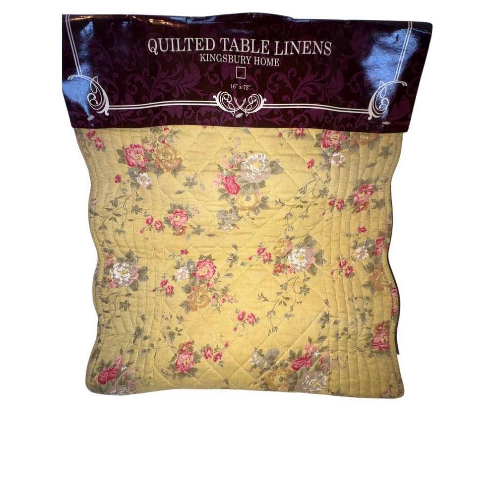 Kingsbury Home Quilted Table Runner 16x72 Yellow Floral Reversible Cotton NWT